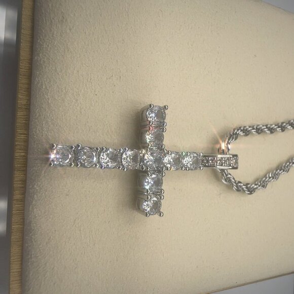 Cubic Zirconia Cross Pendant Necklace With Rope Chain Stainless Steel Silver Pla - Picture 2 of 7